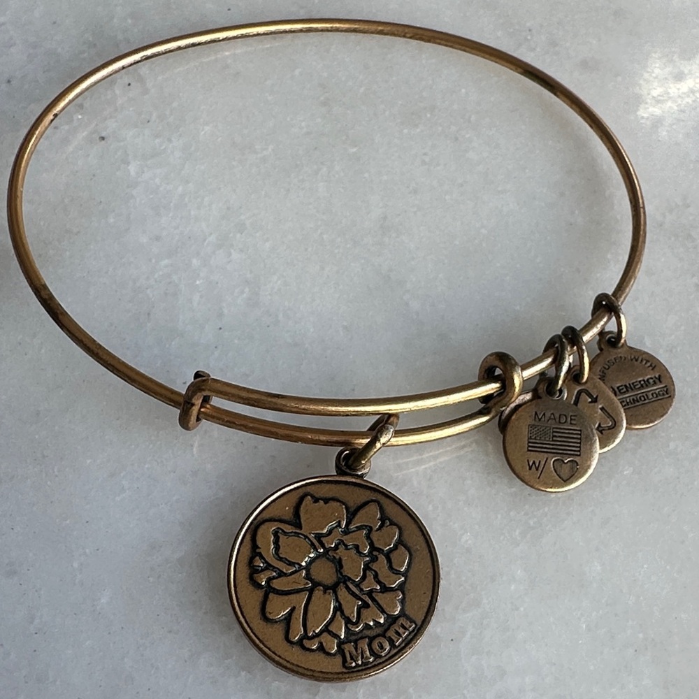 Alex and Ani Gold Bangle Bracelet with Floral Charm